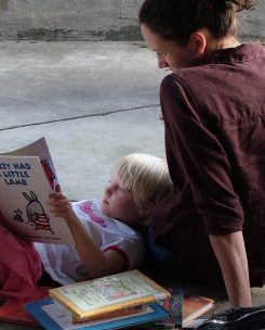 Mother and son reading a book
